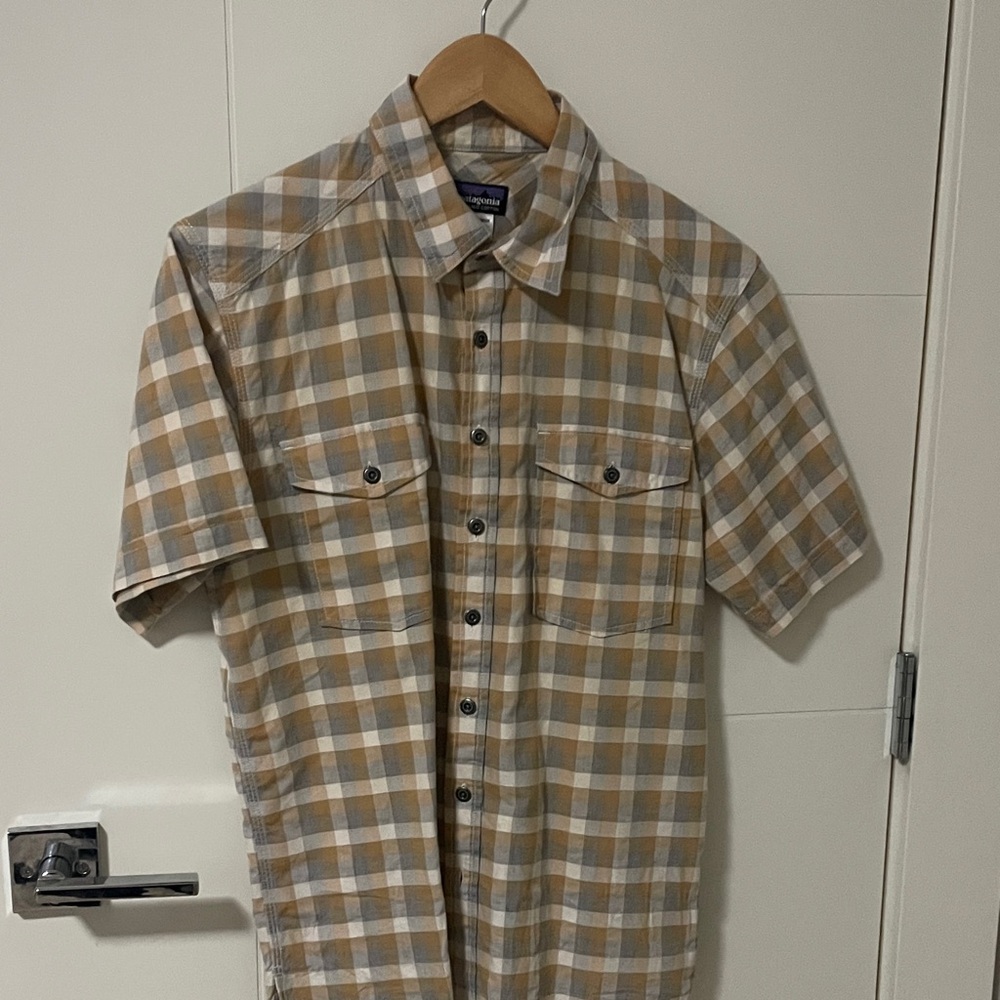 Patagonia Tan and White Plaid Button Down Shirt